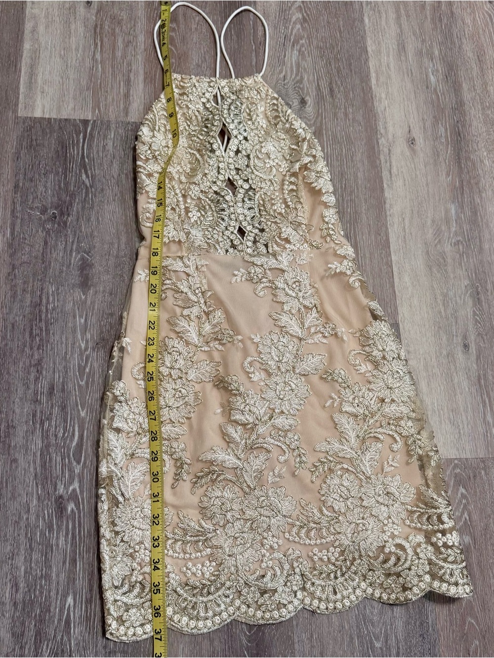 Gold Embellished Halter Mini Dress in Champagne - Size Small - Picture 3 of 7
